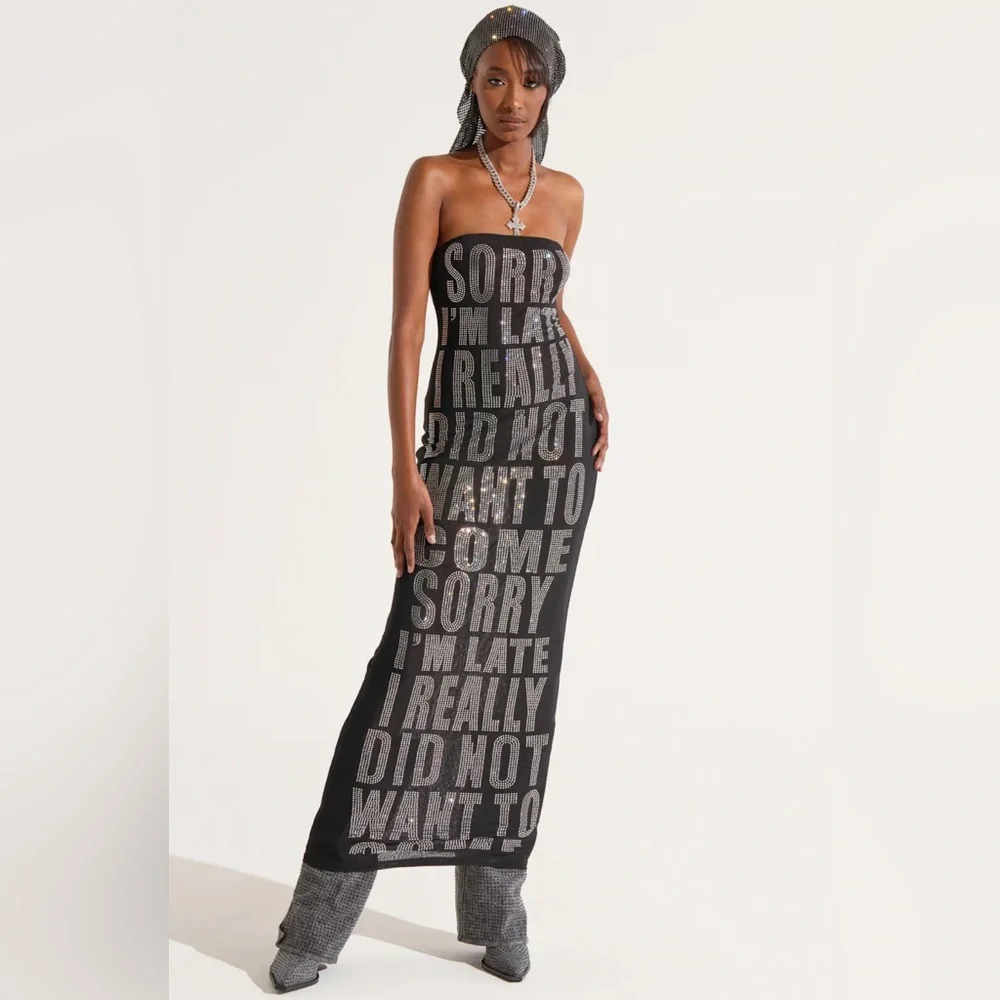 NWT. AKIRA I'm Late Rhinestone Graphic Midi Dress. - Picture 4 of 9